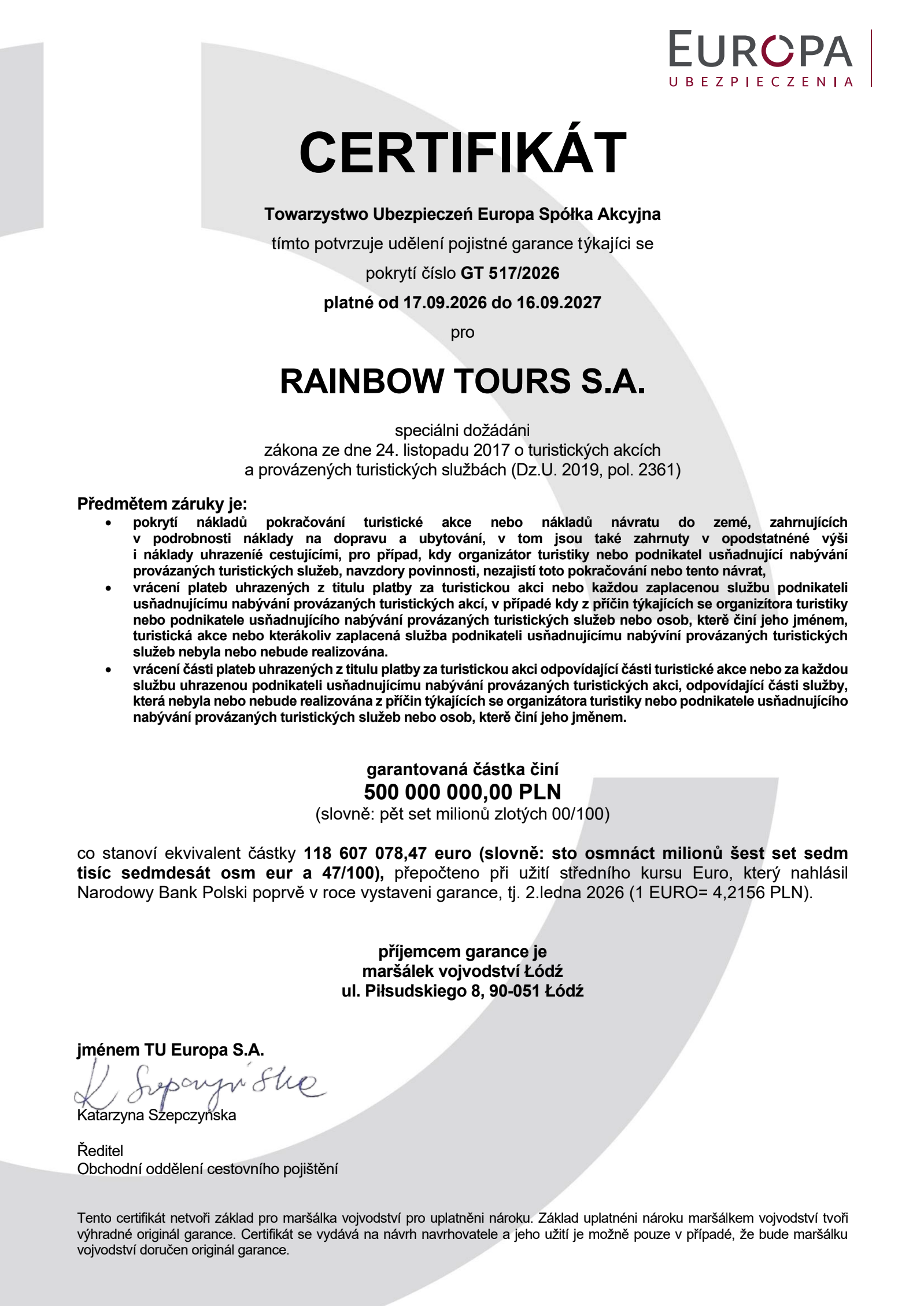 Pojištění proti úpadku CK Rainbow